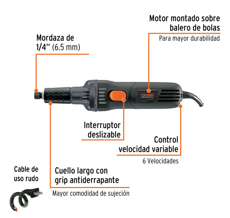 Esmeril recto (rectificador) 1/4" 600W, TRUPER INDUSTRIAL