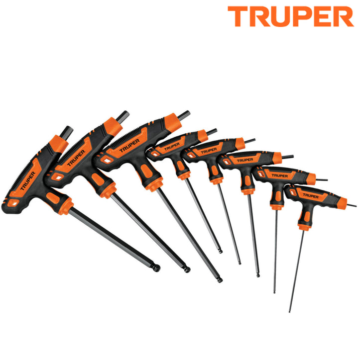 Juego 8 llaves allen mm extralargas
mango T, punta de bola- Truper