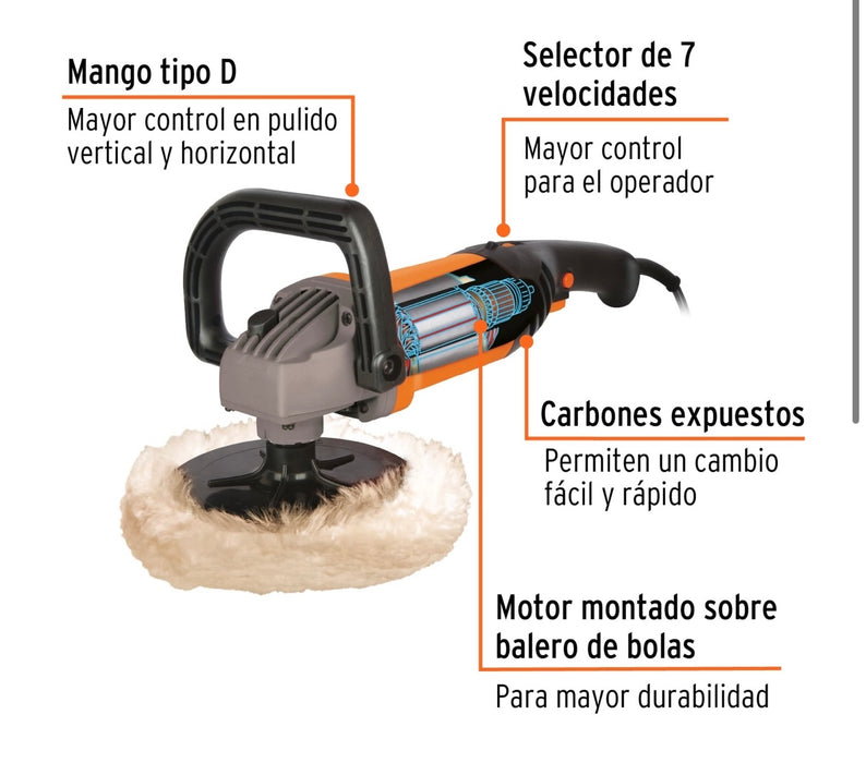 Polichadora 7" 1200 W velocidad variable, profesional, Truper 16626