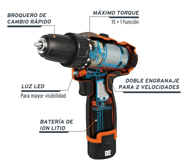Taladro compacto inalámbrico 3/8", 12 V, Truper